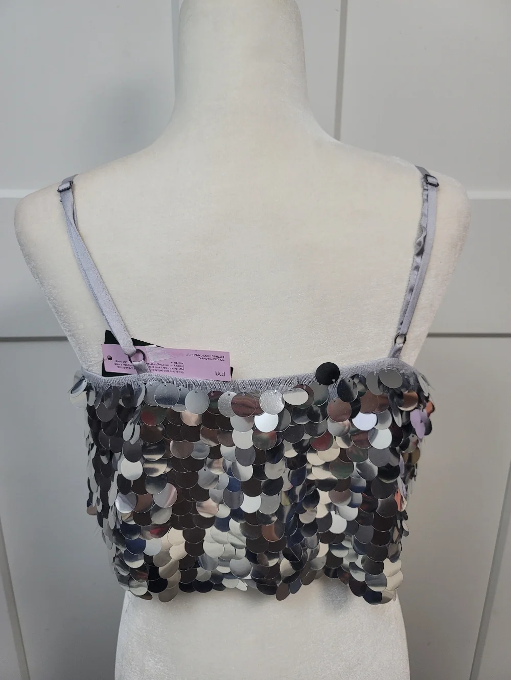 NWT Wild Fable Silver Paillette Sequin Crop Top - Jumbo Disco Mirror Tank XS - Picture 3 of 5